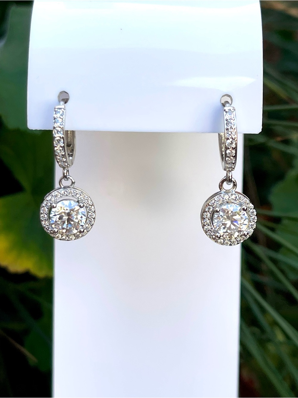 2CTW Moissanite Halo Sterling Silver Drop Earrings - Bridal Jewelry